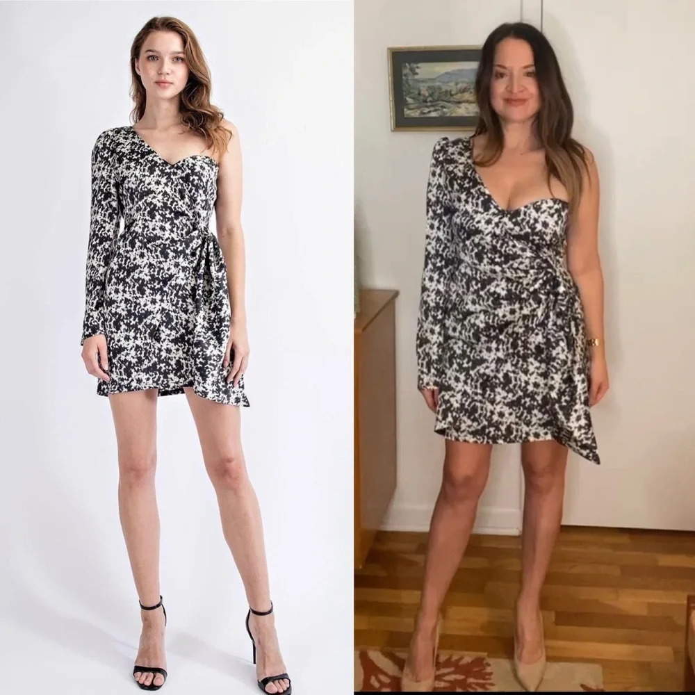 NWT One Shoulder, Faux Wrap, Side Tie Mini Cocktail Dress. Black & White, Medium - Picture 3 of 8